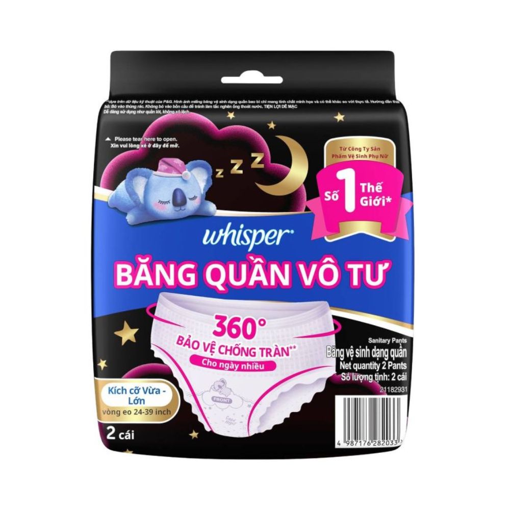 Băng Vệ Sinh Dạng Quần Whisper Koala Kích Cỡ Vừa - Lớn 2 Cái