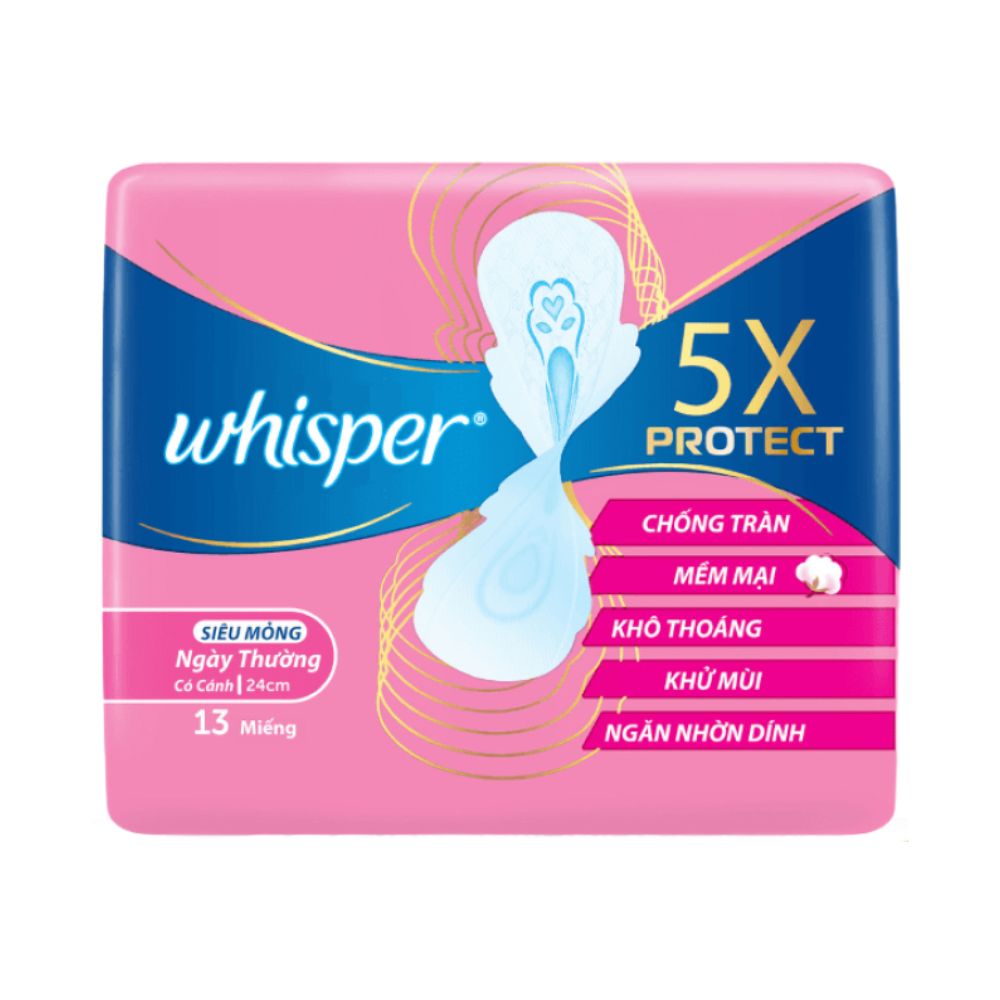 Băng Vệ Sinh Whisper 5X Bảo Vệ Siêu Mỏng 24cm 13 Miếng