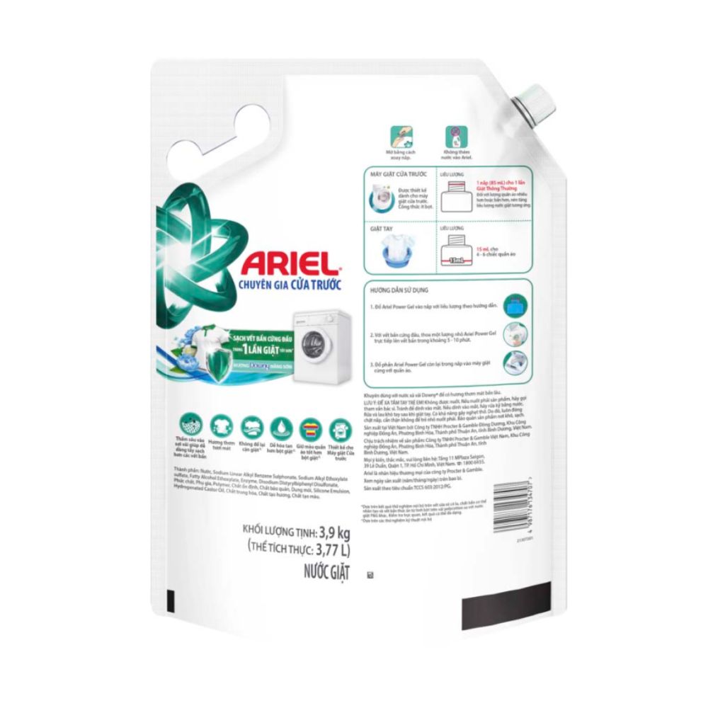 Nước Giặt Ariel Cửa Trước Sạch Khuẩn Hương Downy Nắng Sớm 3.9KG