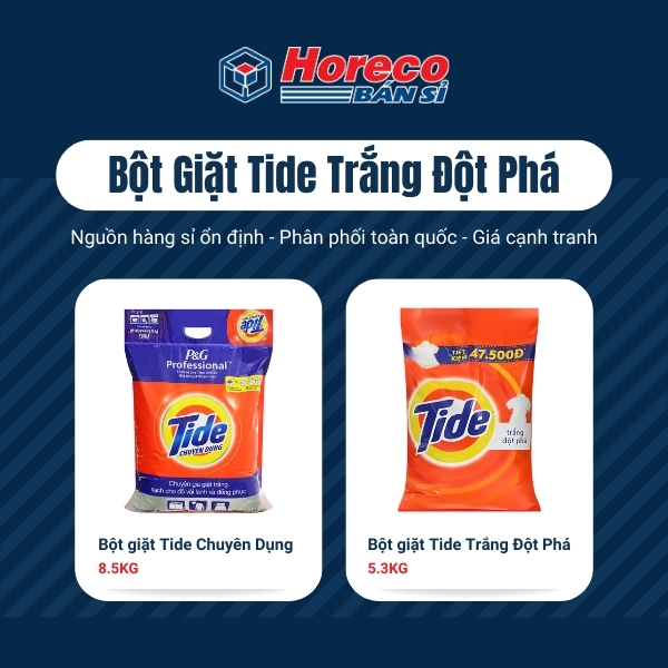Bột giặt Tide chuyên dụng 8.5kg và Tide trắng sạch chuyên dụng 5.3kg bán sỉ tại Horeco
