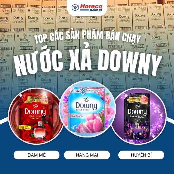 Các dòng nước xả Downy Đam Mê, Nắng Mai và Huyền Bí được phân phối bởi Horeco, trưng bày trên nền kho hàng