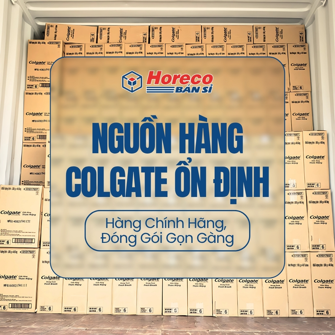Kho hàng kem đánh răng Colgate nguyên kiện được đóng gói tại Horeco
