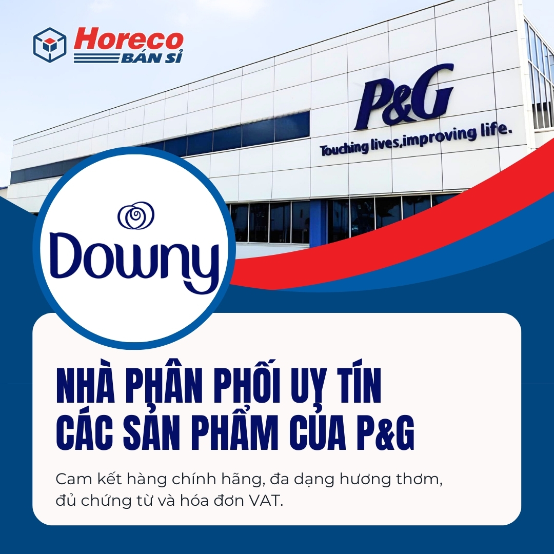 Nhà phân phối nước xả Downy Horeco với logo P&G, đảm bảo sản phẩm chính hãng