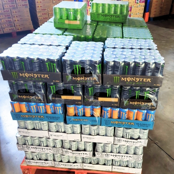 Hàng sẵn tại kho Horeco, hỗ trợ phân phối sỉ và xuất khẩu với giá cạnh tranh. Pallet nước tăng lực Monster các vị mix: Original, Mango Loco, Ultra – Hàng hóa Horeco sẵn sàng giao số lượng lớn
