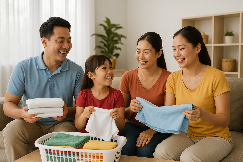 Hàng Tiêu Dùng HORECO https://horeco.vn Một gia đình gấp quần áo sạch sau khi giặt bằng OMO.