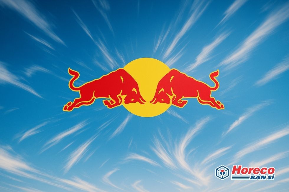 Hàng Tiêu Dùng HORECO https://horeco.vn Biểu tượng Red Bull trên nền xanh với các yếu tố năng động.