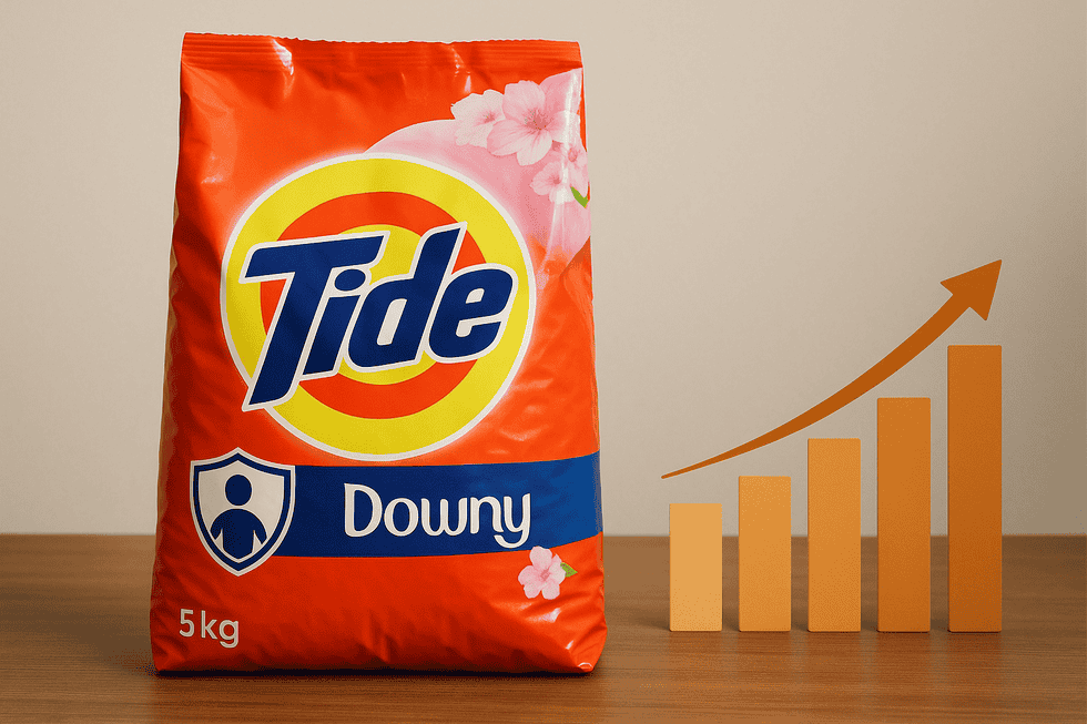 Hình bao bột giặt Tide Hương Downy với công nghệ sinh học được thể hiện xung quanh.
