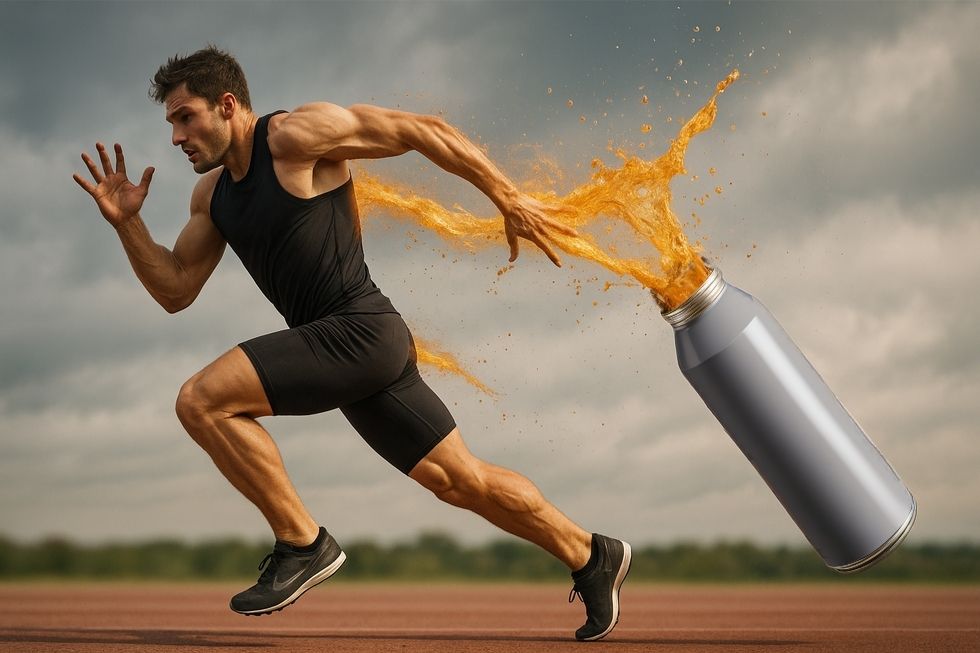 Ly Red Bull trên nền hình một trái tim đồ họa với nhịp đập nổi bật.