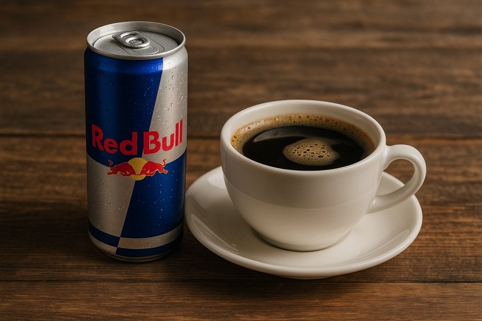 Lon Red Bull và tách cà phê với sự tươi mới từ caffeine.