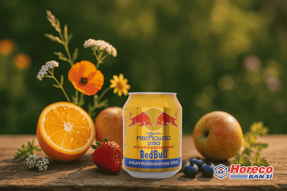 ùng HORECO https://horeco.vn Một lon Red Bull bên cạnh trái cây và hoa cỏ thể hiện sự so sánh năng lượng.