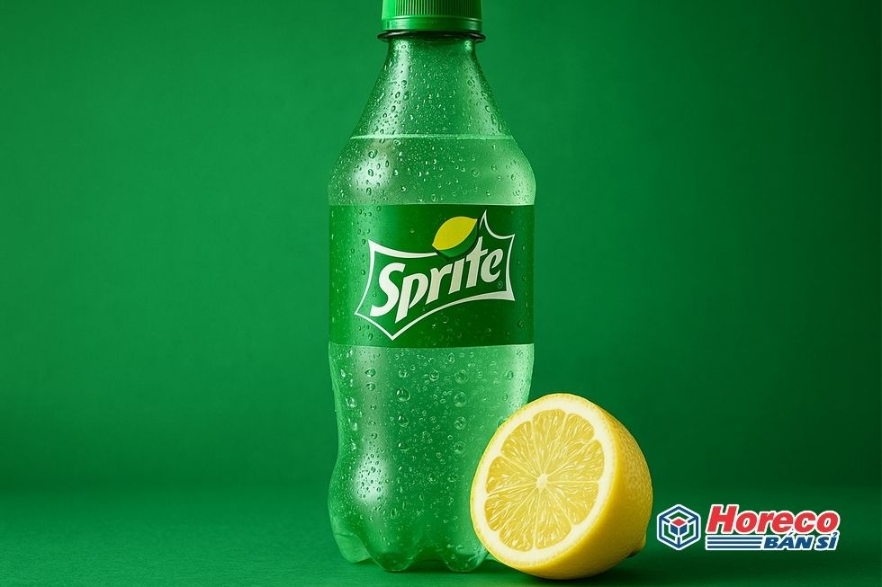 Hàng Tiêu Dùng HORECO https://horeco.vn Hình ảnh chai Sprite với bọt ga và lát chanh, thể hiện sự tươi mát và sảng khoái.