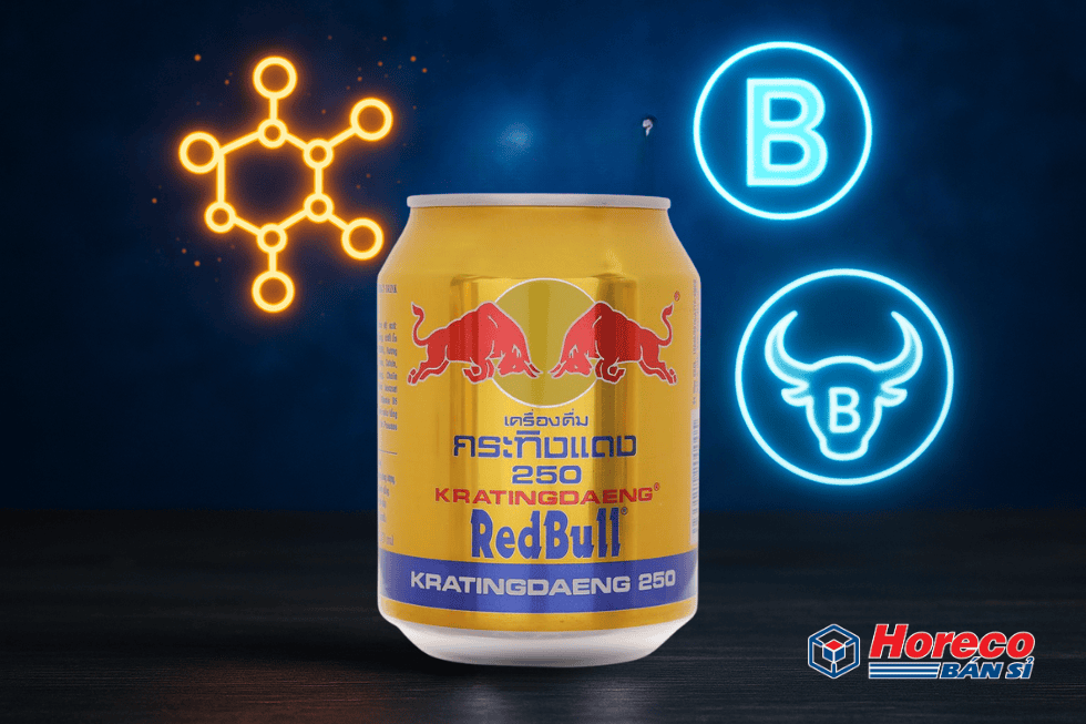 Hàng Tiêu Dùng HORECO https://horeco.vn Lon Red Bull cùng các biểu tượng đại diện cho caffeine, taurine, và vitamin B.