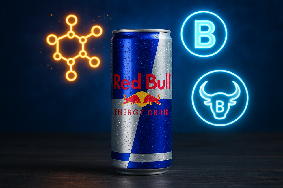 Hàng Tiêu Dùng HORECO https://horeco.vn Lon Red Bull cùng các biểu tượng đại diện cho caffeine, taurine, và vitamin B.