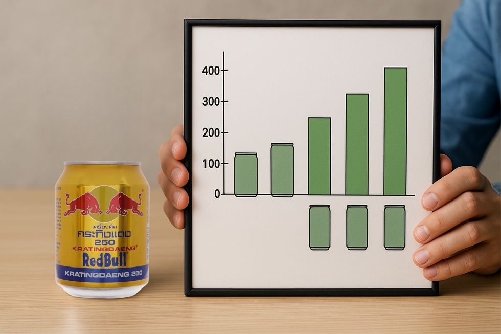 Hình ảnh lon Red Bull trên nền mạnh mẽ, nổi bật với logo.