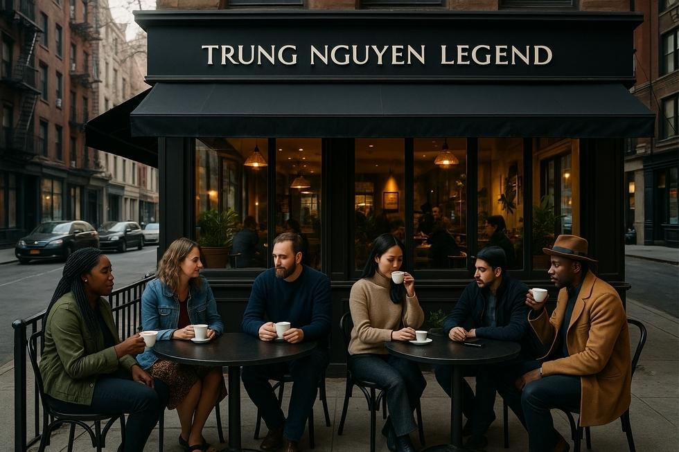 Người thưởng thức ly cà phê LEGEND tại quán cà phê sang trọng.