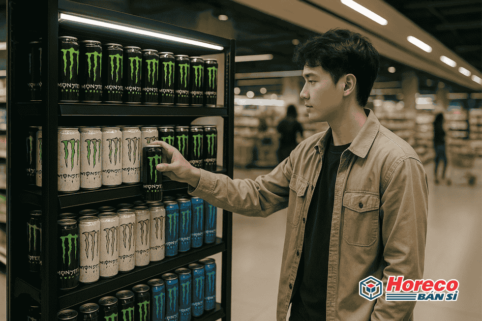 Hàng Tiêu Dùng HORECO https://horeco.vn Hình ảnh quầy trưng bày Monster Energy trong siêu thị, thể hiện năng lượng và phong cách sống hiện đại.