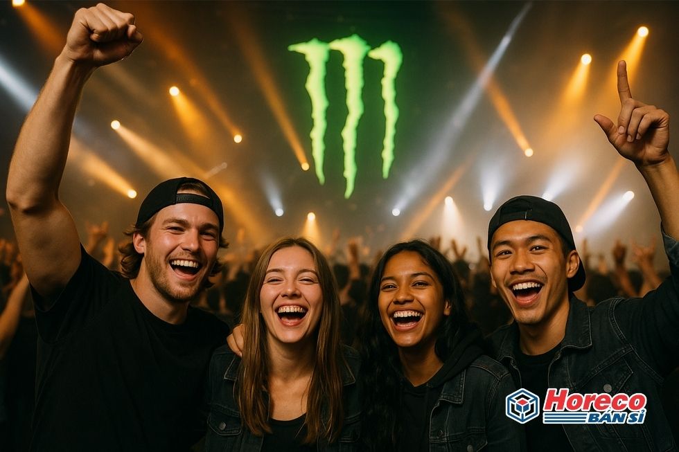 Chai Monster Energy với các biểu tượng thể thao và âm nhạc xung quanh, thể hiện sự trẻ trung và năng động.