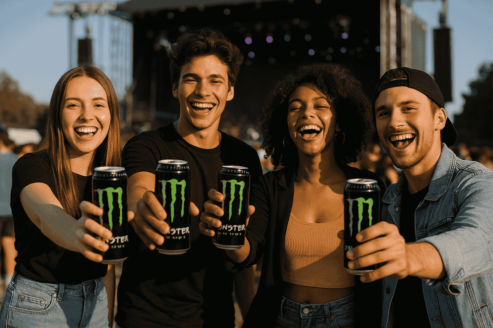 Hình ảnh một lon Monster Energy tại một sự kiện thể thao, tượng trưng cho năng lượng và sự năng động.