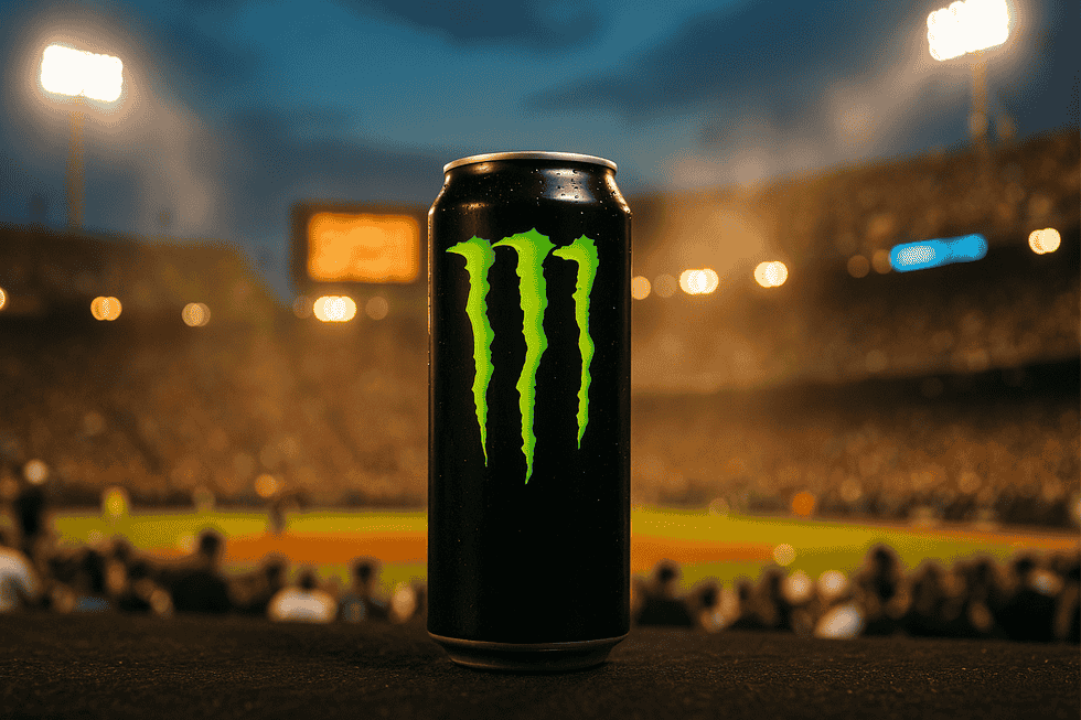 Hình ảnh một lon Monster Energy tại một sự kiện thể thao, tượng trưng cho năng lượng và sự năng động.