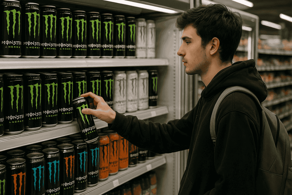 Hình ảnh một lon Monster Energy tại một sự kiện thể thao, tượng trưng cho năng lượng và sự năng động.