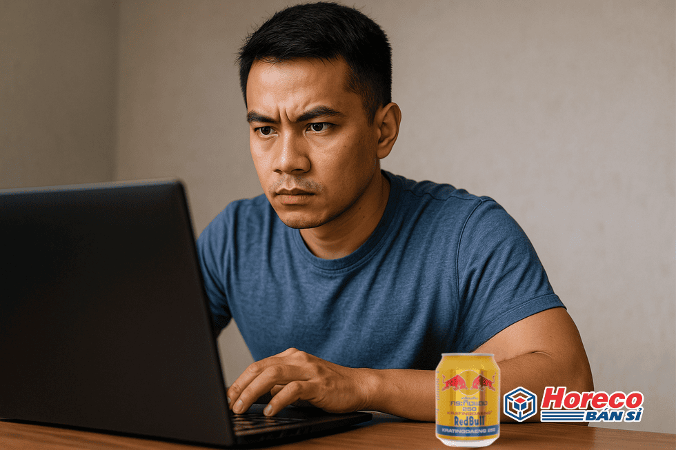 Một người tập trung làm việc với một lon Red Bull bên cạnh.