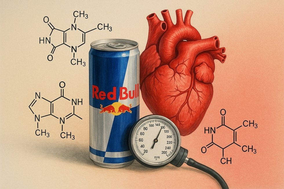 A vibrant image depicting caffeine effects on heart rate and blood pressure related to Red Bull consumption.