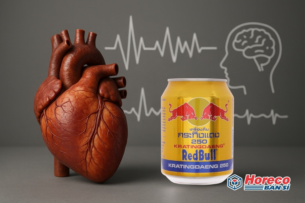 Hàng Tiêu Dùng HORECO https://horeco.vn An image illustrating the impact of Red Bull on heart health, including heart and blood pressure elements.