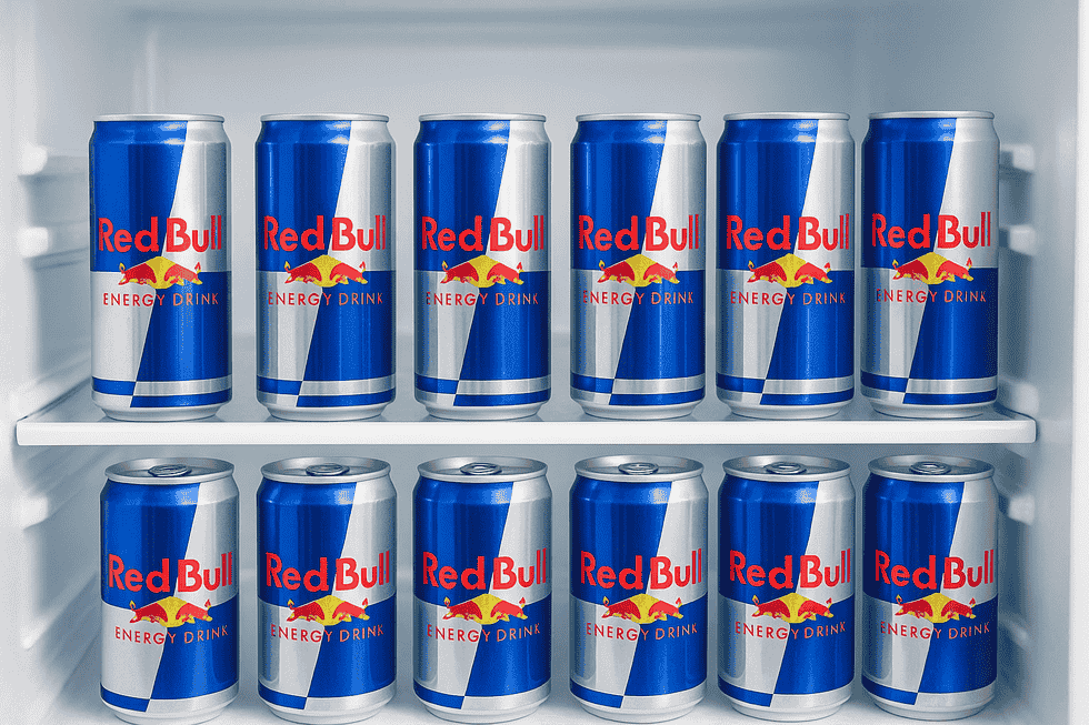Hàng Tiêu Dùng HORECO https://horeco.vn Hình ảnh mô tả nhiều lon Red Bull dễ nhìn, gọn gàng trong tủ lạnh, tạo cảm giác tươi mới.
