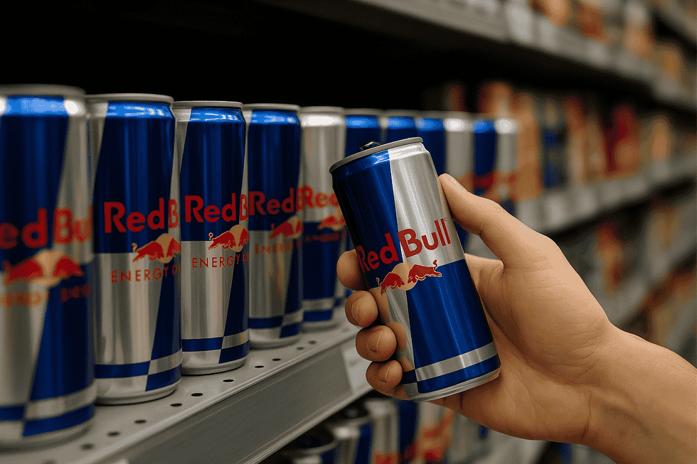 Hình ảnh minh họa một lon Red Bull được lưu trữ trong điều kiện phòng thoáng mát, ánh sáng nhẹ.
