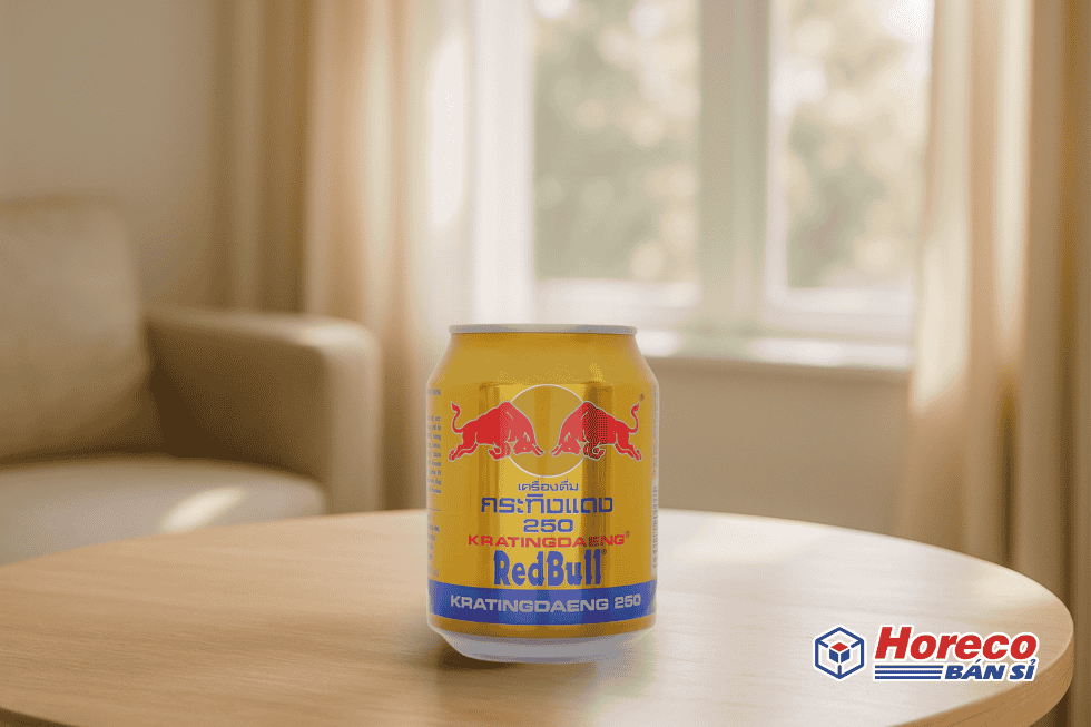 Hình ảnh minh họa một lon Red Bull được lưu trữ trong điều kiện phòng thoáng mát, ánh sáng nhẹ.