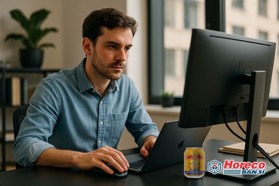 Người đàn ông làm việc với ly Red Bull trên bàn trong văn phòng.