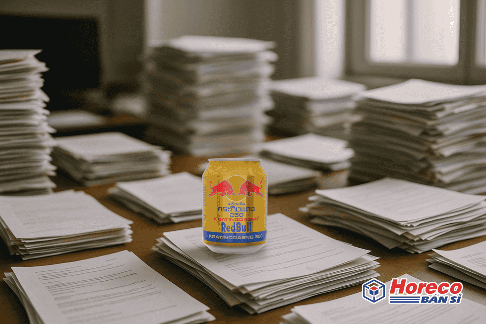 Hàng Tiêu Dùng HORECO https://horeco.vn Lon Red Bull trên bàn làm việc, tượng trưng cho sự phục hồi năng lượng.