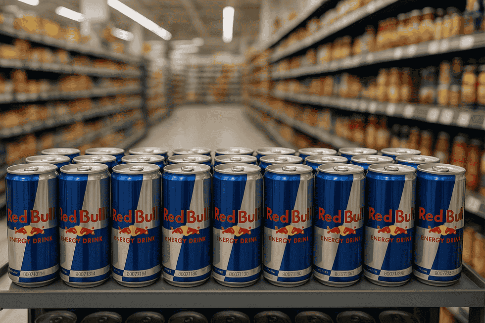 Kệ trưng bày hàng Red Bull trong siêu thị với hạn sử dụng in trên nhãn sản phẩm.