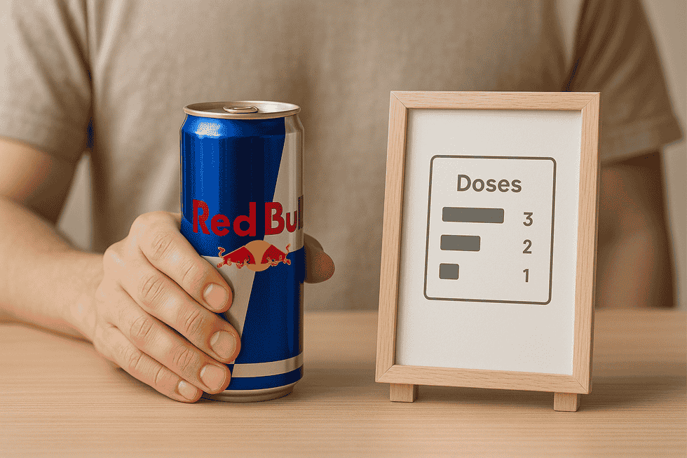Kệ trưng bày hàng Red Bull trong siêu thị với hạn sử dụng in trên nhãn sản phẩm.