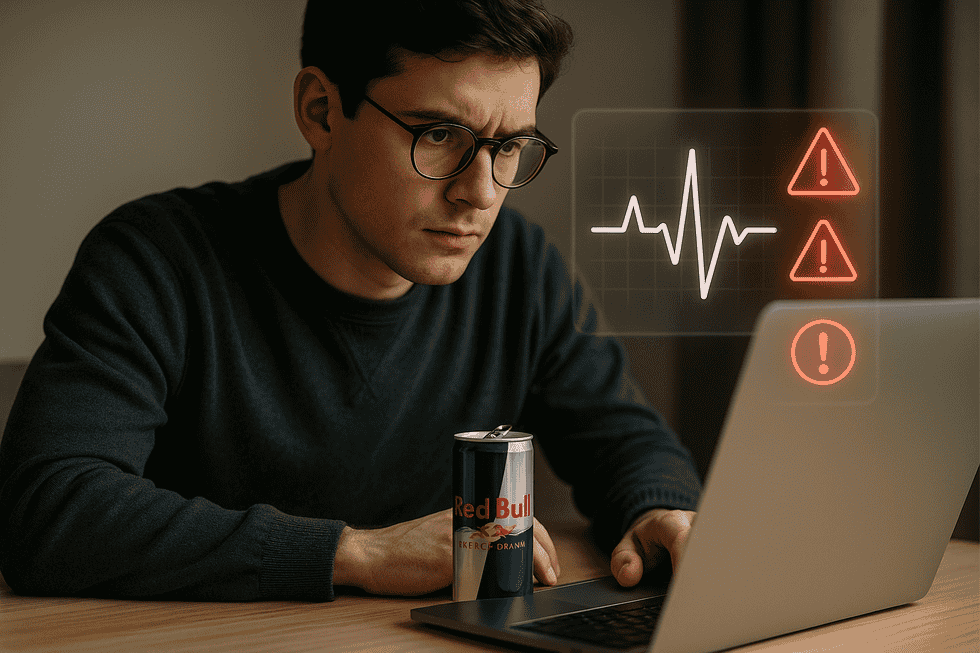 Kệ trưng bày hàng Red Bull trong siêu thị với hạn sử dụng in trên nhãn sản phẩm.