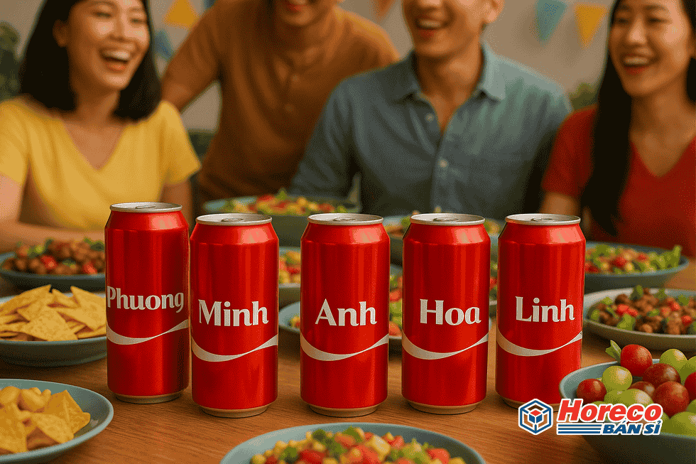 Hàng Tiêu Dùng HORECO https://horeco.vn Hàng loạt lon Coca-Cola cá nhân hóa trên bàn, tạo cảm giác gắn kết.