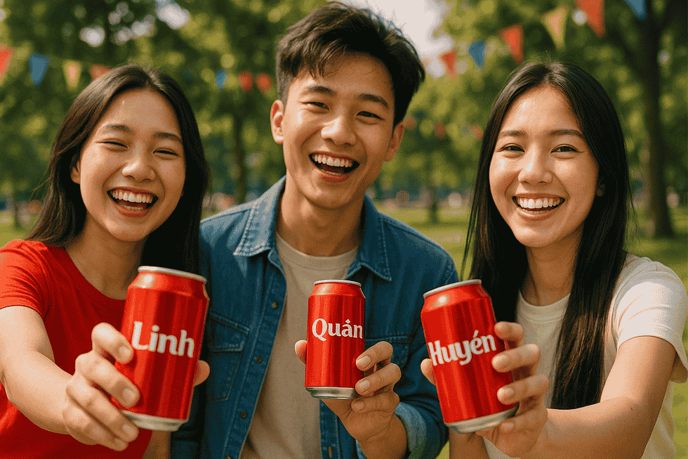 Các bạn trẻ Gen Z cầm lon Coca-Cola có tên riêng tại công viên.