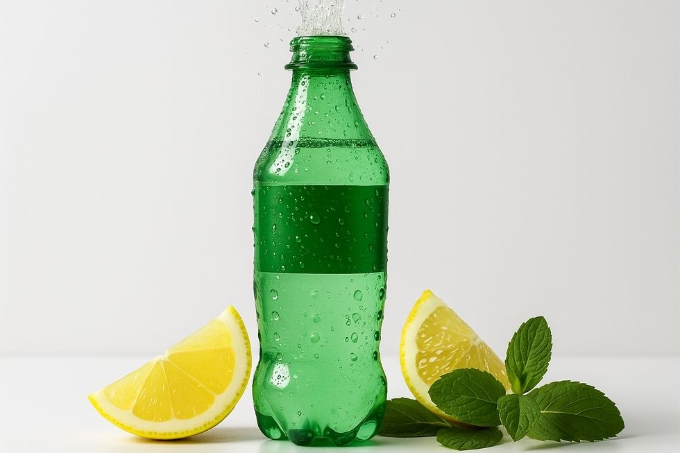 Hình ảnh một chai Sprite với bọt ga và chanh tươi, thể hiện sự tươi mát và sảng khoái.