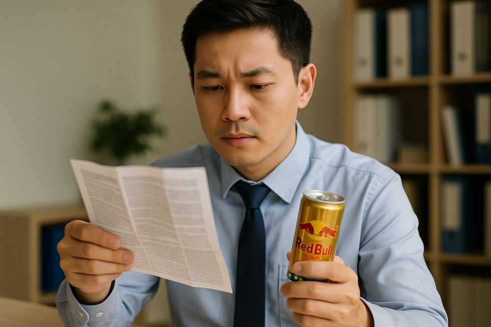 Người đàn ông làm việc với ly Red Bull trên bàn trong văn phòng.