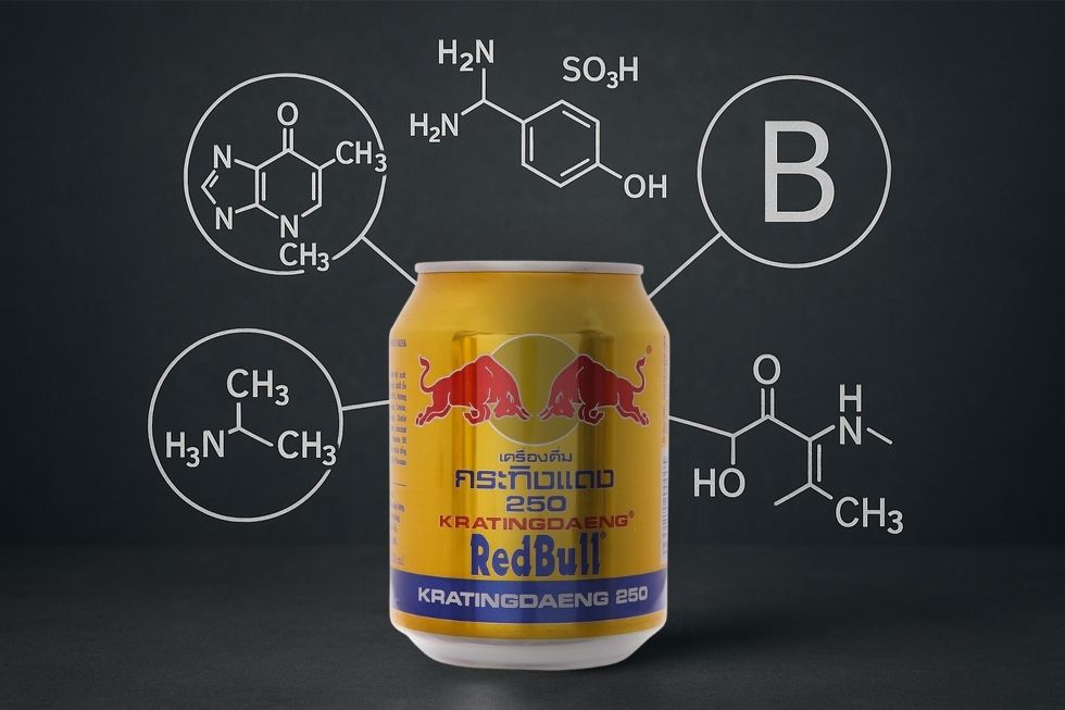 Hình ảnh một lon Red Bull với phân tử đường xung quanh.