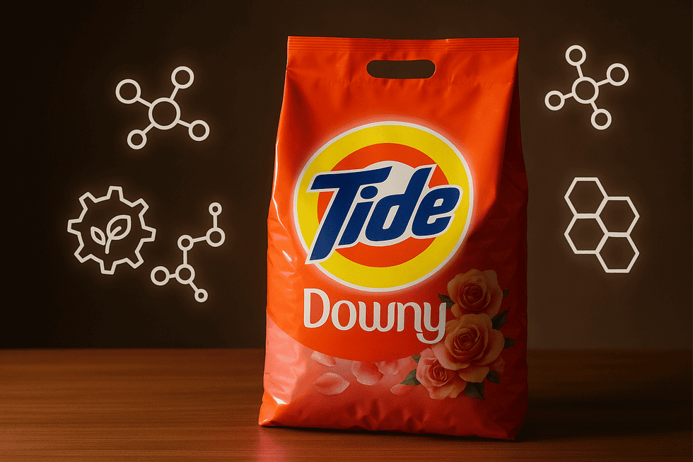 Hình bao bột giặt Tide Hương Downy với công nghệ sinh học được thể hiện xung quanh.