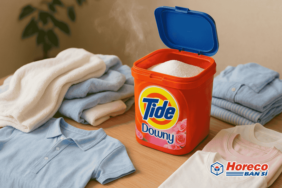 Hàng Tiêu Dùng HORECO https://horeco.vn Hộp Tide mở nắp với quần áo sạch xung quanh, tượng trưng cho hương thơm và hiệu quả giặt.