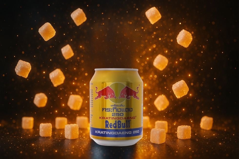 Hình ảnh một lon Red Bull với phân tử đường xung quanh.