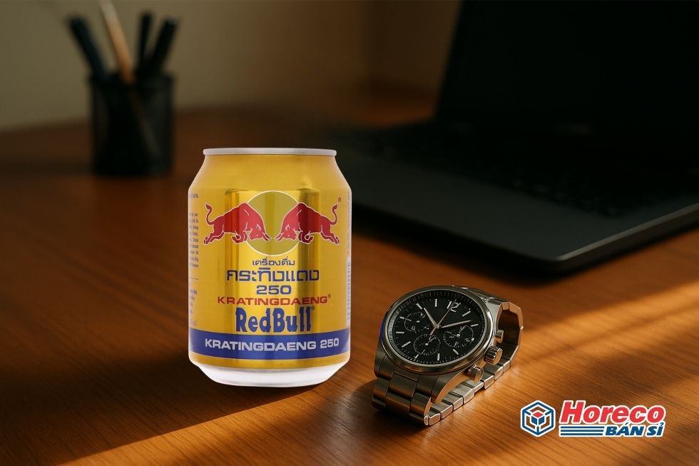 Một lon Red Bull trên bàn với đồng hồ đeo tay tượng trưng cho năng lượng và thời gian.