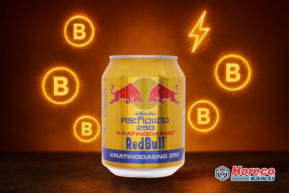 Hàng Tiêu Dùng HORECO https://horeco.vn Hình ảnh Red Bull với biểu tượng vitamin B và năng lượng.