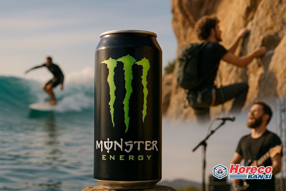 Hàng Tiêu Dùng HORECO https://horeco.vn Lon Monster Energy nổi bật cùng hình ảnh hoạt động thể thao.
