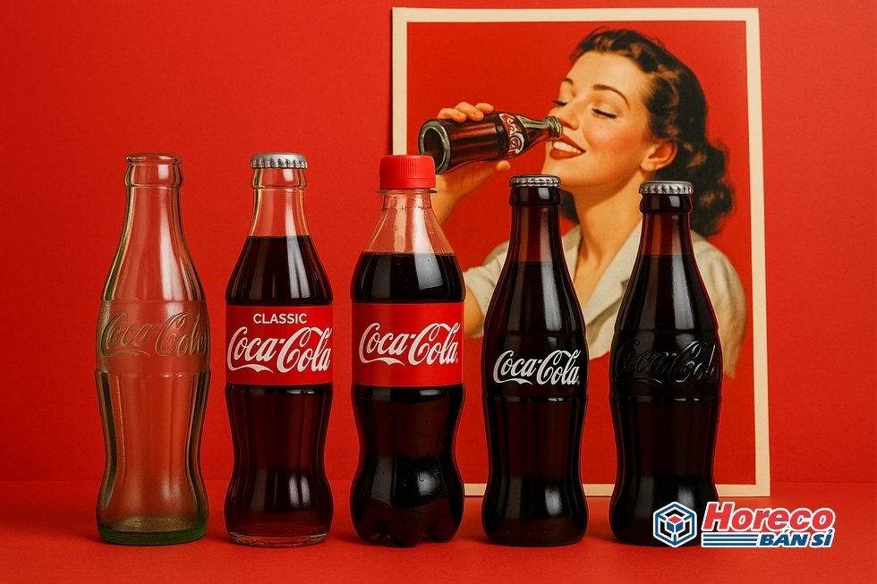Hàng Tiêu Dùng HORECO https://horeco.vn Biểu trưng của Coca-Cola với chai và áp phích chiến dịch trên nền đỏ.