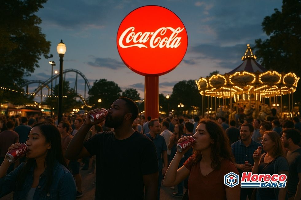 Hàng Tiêu Dùng HORECO https://horeco.vn Toàn cảnh khu vui chơi với logo Coca-Cola chiếu sáng, người dân thưởng thức nước ngọt.