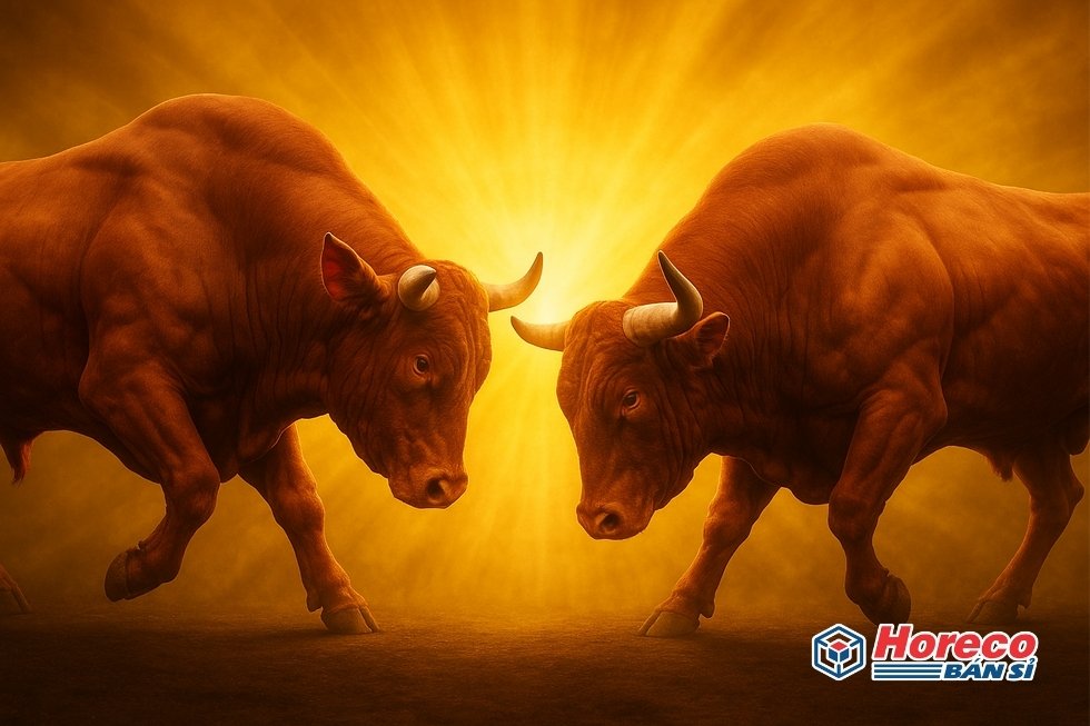 Hàng Tiêu Dùng HORECO https://horeco.vn Biểu tượng hai con bò đỏ của Red Bull trên nền ánh sáng vàng.