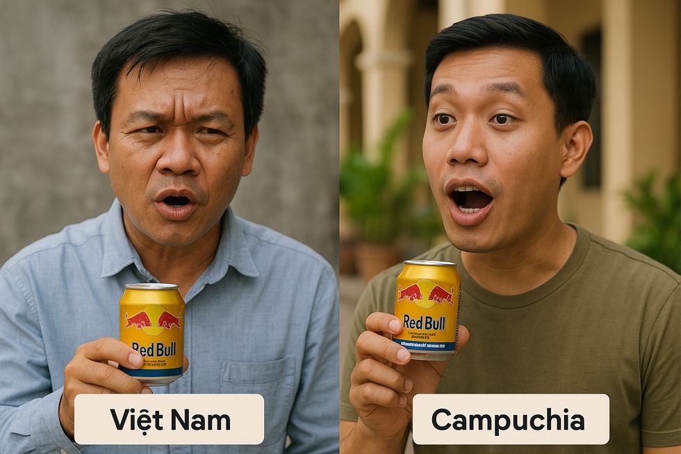 Hình ảnh hai con bò tót trên nền vàng đồng của sản phẩm Red Bull.